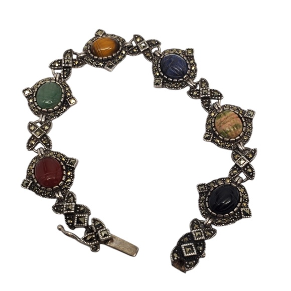 Vintage Marcasite Sterling Silver Carved Gemstone Scarab Bracelet #20595 - Picture 9 of 10